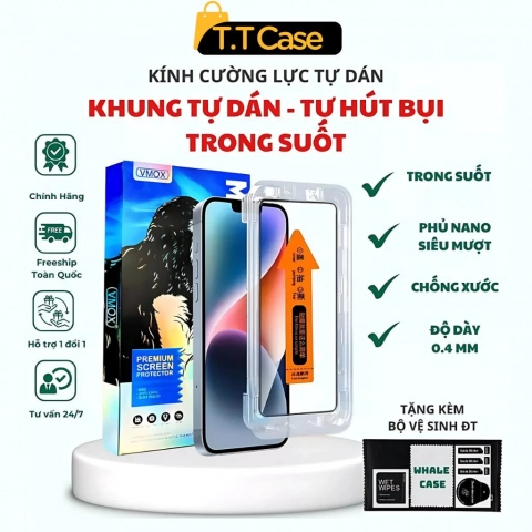 Kính Cường Lực Iphone VMOX Trong Suốt, Chống Nhìn Trộm Có Khung Tự Dán - IP X/XS/XR/11/12/13/14/15/16 Plus Pro ProMax